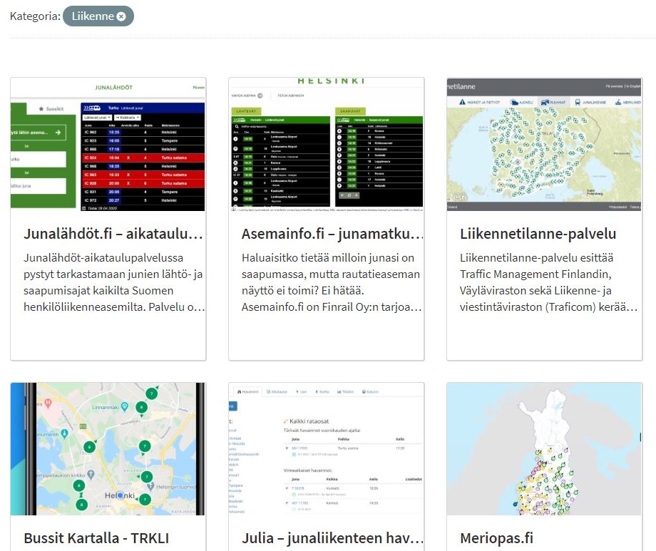 Sovellusgalleria listaa useita navigointia helpottavia, avoimen datan sovelluksia.