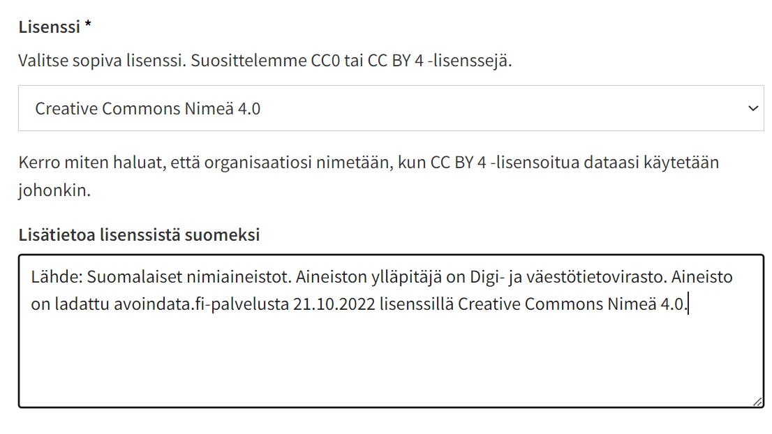 Valitse sopiva lisenssi ja kerro tarvittaessa lisätietoa lisenssistä.