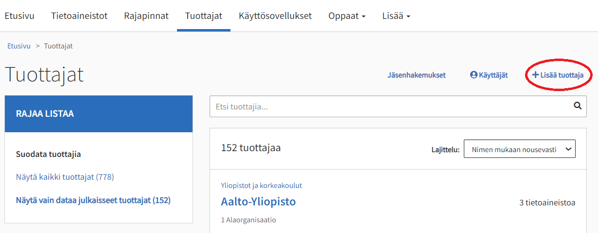 Pääset lisäämään uuden tuottakan valitsemalla Lisää tuottaja.